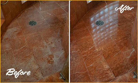 Shower restoration for tile and stone dulled by soap scum and hard water